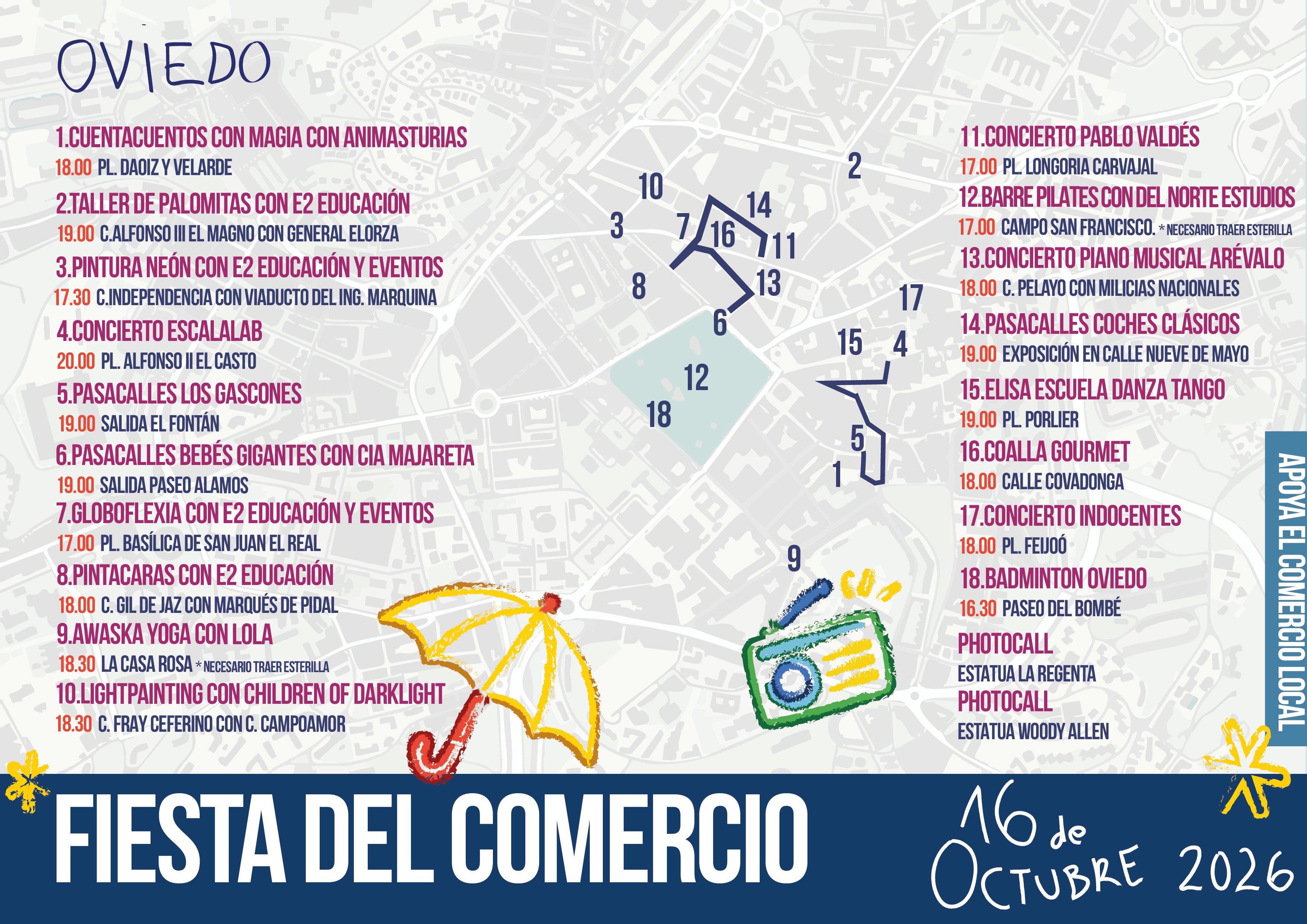 Mapa de actividades de la Fiesta del Comercio en el centro de Oviedo